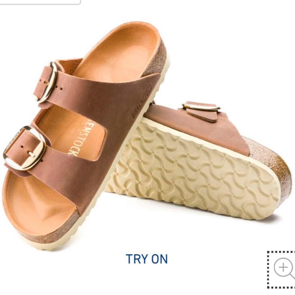 Arizona big buckle gold and brown leather sandals womens